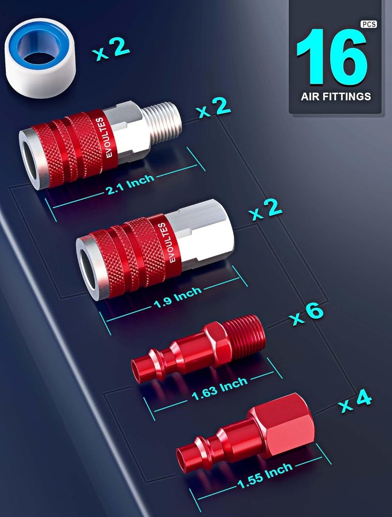 EVOULTES 16 Pieces Universal 1/4" NPT Air Hose Fittings & Coupler Kit, Lightweight Aluminium With Quick Connect Plug, Pneumatic Tool Fitting for Compressor Accessories - Image 2